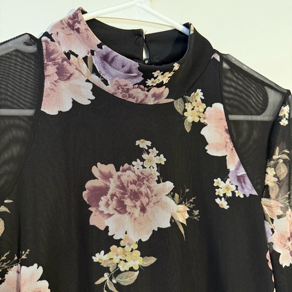 Floral Bodycon Mesh Dress with Long Sleeves and Key Hole Back Black Pink Midi - Picture 3 of 7